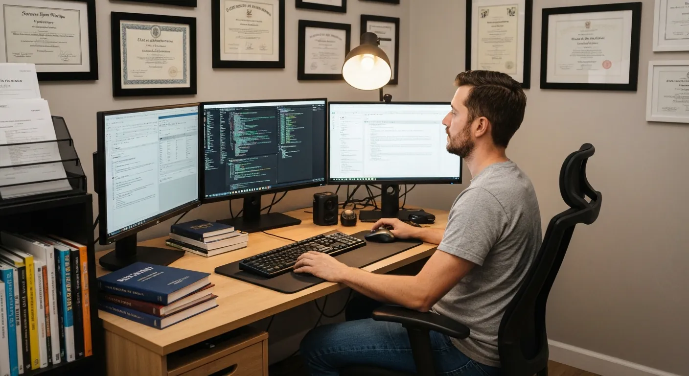 IT professional studying for a cloud certification on a laptop in a modern Australian office